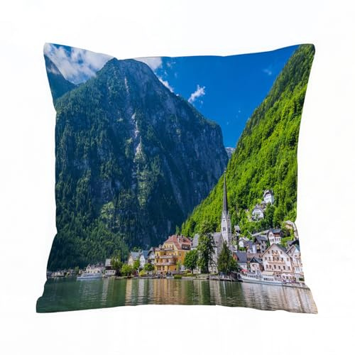 ERRTU Kissenbezug 40x40 cm,Landschaft, natürliche Aussicht auf Hallstatt in Österreich Berge Wald Stadthä,Dekokissen Kissenbezüge Deko Kissen Bezug Wohnzimmer Zierkissen für Sofa Stuhl Bett Garten