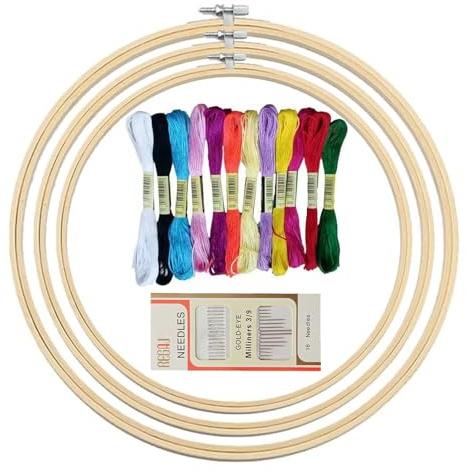 3 PCS Stickrahmen Holz Set, Kreuzstich Ring Set, Stickgarn Set, Bambus Stickrahmen mit 10 cm, 15 cm und 20 cm Durchmesser, 1 Schachtel mit 16 Sticknadeln und 12 Farben Stickgarn (zufällige Farben)
