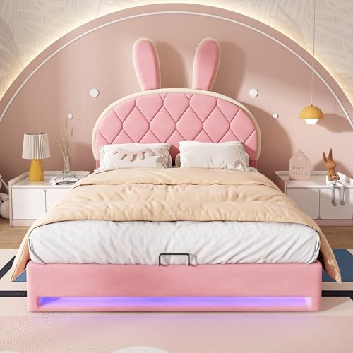 A ALFRESCOOL Hydraulisch Polsterbett, Doppelbett, Verstellbares Kopfteil, Kaninchen-Kopfteil, Bett mit Lattenrost aus Metallrahmen, Modernes Bettgestell mit Stauraum, Samt, Rosa, 140x200cm