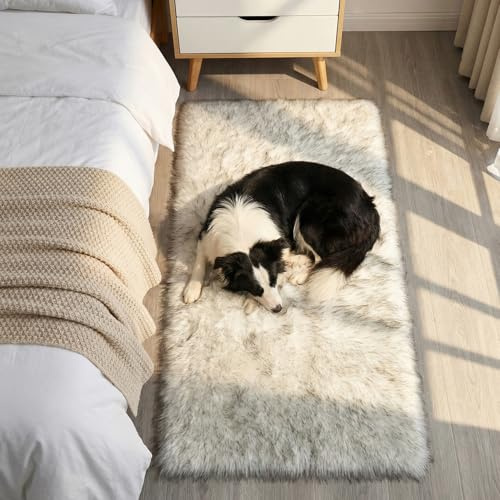 Mishukaze Plush Faux Sheepskin Rug-Ultra Soft Fluffy Bedside Carpet,Machine Washable Anti Slip Floor Mat,Silky Shag Area Rug for Bedroom,Living Room & Kids Room Decor(Gray Tip 60x110)