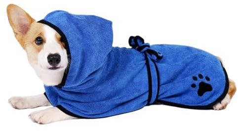 Nzoike Hunde Bademantel mit Kapuze, Mikrofaser Hundebademantel, Schnelltrocknend für Katzen und Hunde, XS, Blau, 30cm Rückenlänge