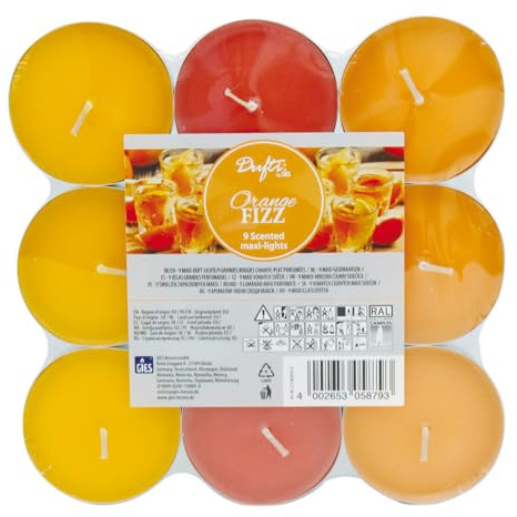 LED Universum - Maxi Duft Teelichter 9er Set | Kerzen | Orange Fizz | Brenndauer ca. 8 Std. | Tischdekoration für Hochzeit, Weihnachten, Feste, Partys