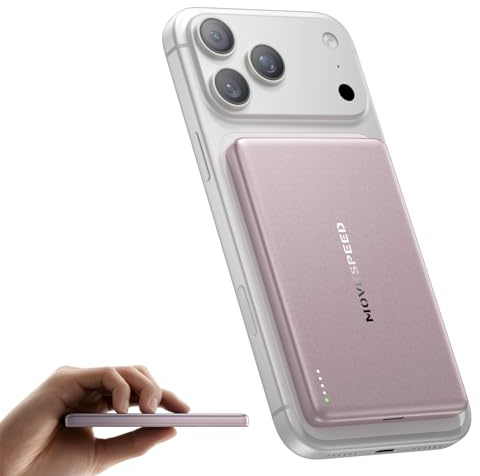 MOVE SPEED Magsafe Power Bank - Mini banque d'alimentation magnétique - 5000 mAh - USB C - 18 W - Boîtier en métal - Compatible avec iPhone 17/16/15/14/13/Galaxy (rose 2026)