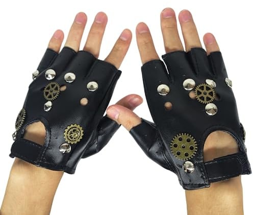 XCSJ Punk Handschuhe Fingerlos Mit Nieten,Pu Leder Aushöhlen Fingerlose Handschuhe Punk Accessoires Halb Steampunk Finger für Halloween, Karneval, Party, Cosplay