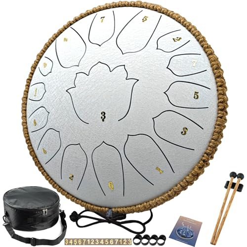 BETESINE 13 Zoll 15 Noten Steel Tongue Drum - C-Dur - Handpan Steel Drum für Meditation, Yoga & Entspannung - Inklusive Schlägel, Notenbuch & Tragetasche (Angel White)