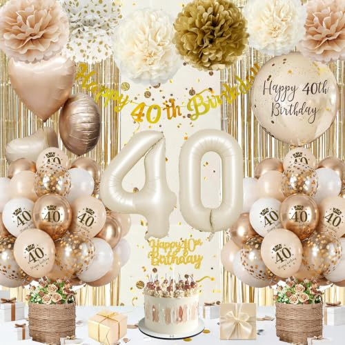 Deko 40. Geburtstag Frauen, 40 Geburtstag Frauen Deko Beige Gold | Geburtstagsdeko 40 Girlande, Luftballons 40. Geburtstag, Lamettavorhang für Dekoration Geburtstag 40 Frau