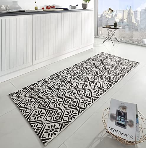 Zala Living Soho Läufer – Küchenläufer rutschfest Teppichläufer Flachgewebe Kurzflor Teppich Küchenteppich Waschbar für Flur, Küche, Wohnzimmer, Badezimmer, Bad – Schwarz Creme, 80x200cm