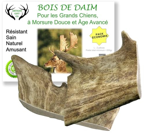 Corno di Daino per Cani, Taglia L -2 un, Peso Minimo Confezione 300gr. | Mordicchio naturale per cani adulti, anziani e cuccioli