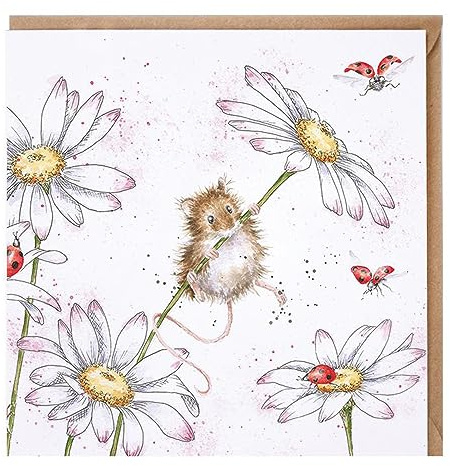 Wrendale Doppelkarte mit Umschlag, Motiv Maus klettert auf einer Blume, Quadratisch, 15x15 cm