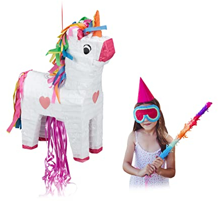Relaxdays Pinata Einhorn, zum Aufhängen, Kinder, Mädchen, Geburtstag, zum Befüllen, Papier, HxBxT 51 x 14 x 35 cm, bunt, Weiß, Pink, Orange