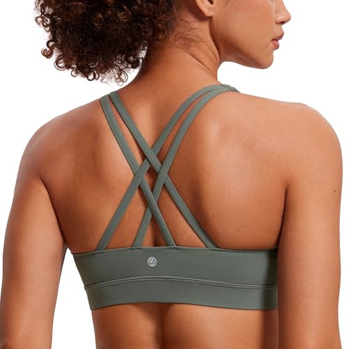 CRZ YOGA Damen Ohne Bügel Sport BH Gekreuzt Rücken Spaghetti Top Abnehmbare Pads Yoga Croptop Grauer Salbei L