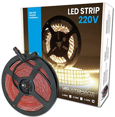 LED ATOMANT Rotolo da 10 metri di Striscia LED Diretta a 220V, 12W/m, Colore Bianco Freddo (6500K), Impermeabile (IP65), Taglio ogni 10cm