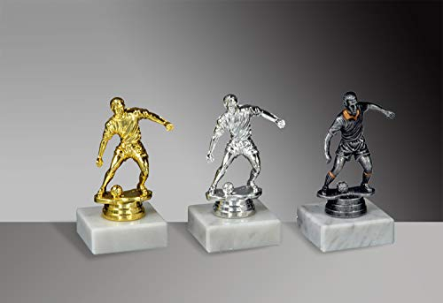 Henecka ⚽️ Jugendfußball-Pokal, Fussball-Trophäe, Fußballspieler mit Ball auf Marmorsockel, mit Wunschgravur, wählbar in 3 Farben (Gold)