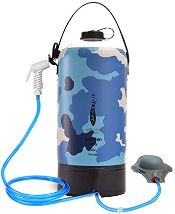 AFISHTOUR Tragbare Camping-Duschtasche - 10L/2,2 Gallonen Solar-Duschwasserbeutel mit Fußpumpe, Schlauch und Duschkopf - Campingdusche für Camping,Strand, Reisen,Outdoor-Aktivitäten(Blau)