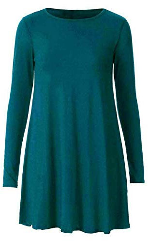 Plus Size Womens Plain Long Sleeve Stretch Tunic Top Ladies Swing Mini Dress Flared Top (Teal UK 16-18)