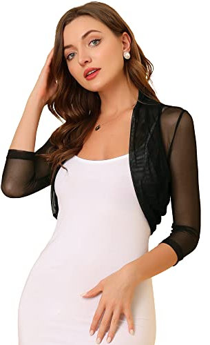 Allegra K Women's Semi Sheer Mesh Elegant 3/4 Sleeves Stretchy Bolero Shrug Black S-8