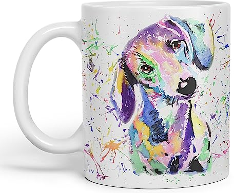 Vixar Tasse colorée en forme de teckel avec saucisse et blaireau pour animal domestique, aquarelle, art arc-en-ciel, cadeau d'anniversaire, travail, bureau, Noël, thé, café (blanc)