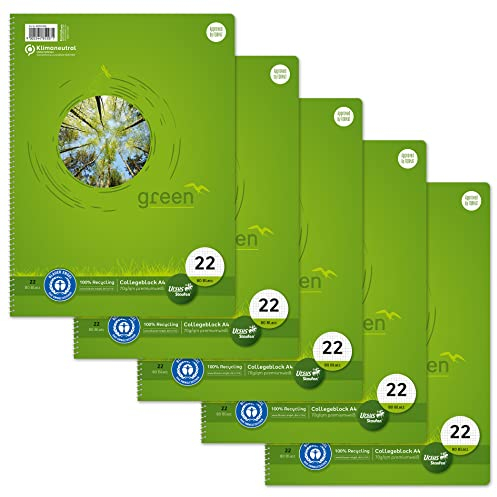 Staufen Ursus Style Collegeblock, 5 Stück, DIN A4, Lineatur 22 (5mm kariert), 80 Blatt, 4-fach Lochung, premiumweißes 70g/m² Recyclingpapier, Green