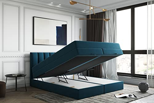 TRADA Boxspringbett mit Bettkästen und Matratze - Bett Gusto mit Topper aus Memory Visco - Dunkelblau - 180 x 200 cm