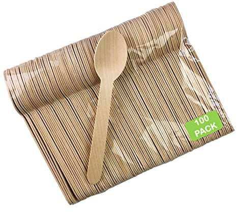 Pack of 100 Disposable Wooden Cutlery Spoons Forks Knives Set Biodegradable Eco Friendly 100% Birch Wood-Sturdy, Christmas, Parties, BBQ, Picnic,s Birthdays, Wedding (100 Spoons)