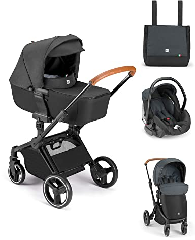 CAM 3in1 Kombikinderwagen - faltbare Babyschale - hochwertiger Kinderwagen - mit Sportsitz und Babyschale (Anthrazit/Schwarz)