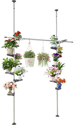 Hershii Expandable Plant Stand Double Tension Poles Holder Indoor Metal Flower Display Racks Floor to Ceiling Tall Decorative Storage Shelf with 12 Trays, 2 Arms & 1 Hanging Rod - Grey