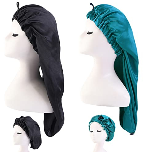 LadayPoa 2 Stück Lange Satin Haarhaube Mädchen seidige Mütze Damen Lange Satin Haube Schlafmütze zum Schlafen Extra Große Satin Schlafmütze für langes lockiges Haar Schutz