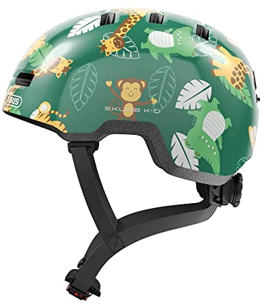 ABUS Kinderhelm Skurb Kid - robuster Fahrradhelm im Skater-Look mit Platz für einen Zopf und vielfältigen Designs - für Mädchen und Jungen - Grün mit Junglemuster, Größe M