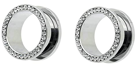 Ayoiow 2 Stk Tunnel Plug Edelstahl, Ohr Tunnel 10mm mit Zirkonia Flesh Tunnel Plug, Silber