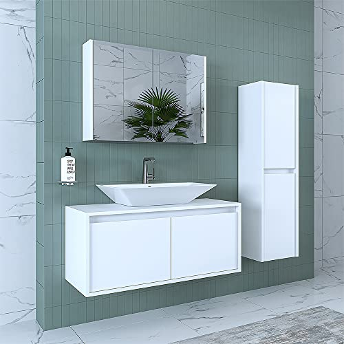 ROOMART • Badezimmermöbel Set • Atlantic • 4 Teilig Badezimmerschrank • 100 cm Unterschrank mit Keramikwaschbecken • Spiegelschrank • Hochscrank (Weiß, Komplett Set)