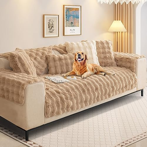Kaninchen Plüsch Sofabezug L Form 1/2/3/4 Sitzer Sofa Überzug Ecksofa U Form, Neue Universelle rutschfeste Sofaschoner, Superweiche SofaÜberwurf aus Kunstpelz für Wohnzimmer(Khaki, 70 * 210 cm)
