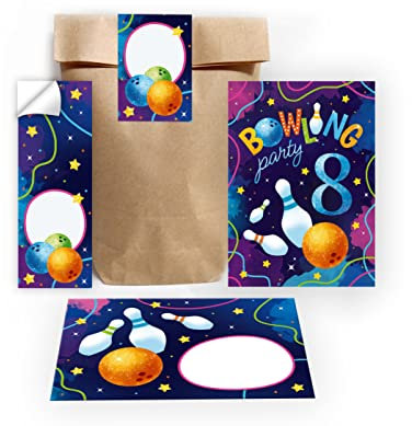 Junapack 12 Einladungskarten zum 8. Kindergeburtstag Bowling Kegeln achte Geburtstag Mädchen Jungen incl. 12 Umschläge, 12 Tüten/natur, 12 Aufkleber