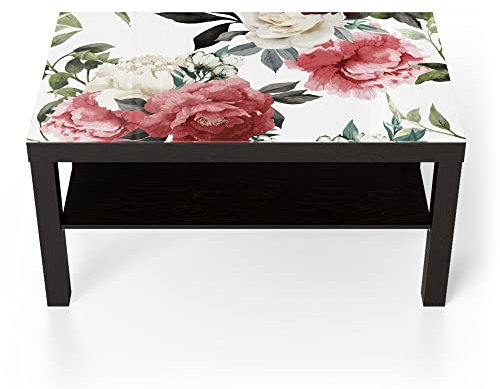 DEQORI Glastisch | schwarz groß 90x50 cm | Motiv Bunte Pfingstrosen | ausgefallener Beistelltisch aus Glas | Hochglanz Couchtisch fürs Wohnzimmer | moderner Couch Tisch mit Design