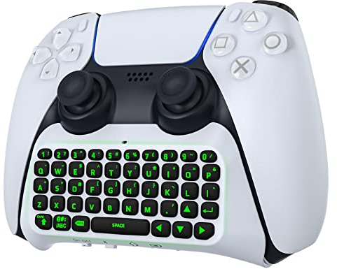 MoKo Kabellose Tastatur Kompatibel mit Playstation 5 Controller, Bluetooth Grün Hinterlicht Mini PS5 Tastatur mit 3,5 Audio Buchse, Playstation 5 Zubehör für PS5 Controller Sprach-Chat Message, Weiß