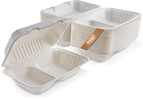 FOOGO Green 50pcs Clamshell Takeaway Boxes, 9x6 inch, 30oz / 900ml, 2 sections, Made from Natural Sugarcane Pulp, Eco-Friendly Clamshells, Disposable Food Container, Compostable Biodegradable