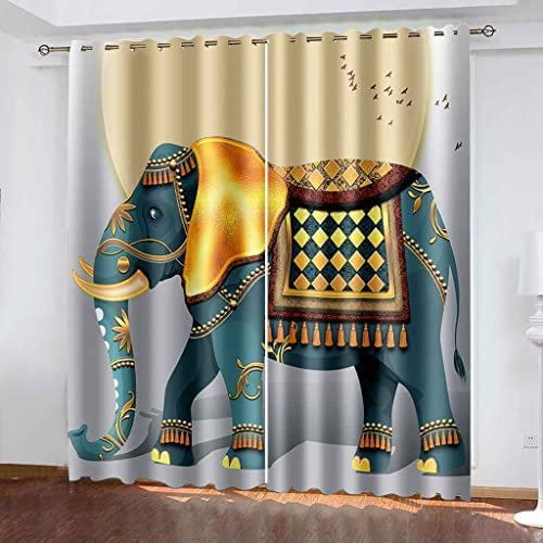 Vorhang Kinderzimmer Tierischer Elefant Kinder Vorhänge Mit Ösen Polyester Gardinen Thermovorhang Blickdicht Ösenschal Kindergardinen Für Wohnzimmer Schlafzimmer, 280(B) X250(H) cm 2Er Set,
