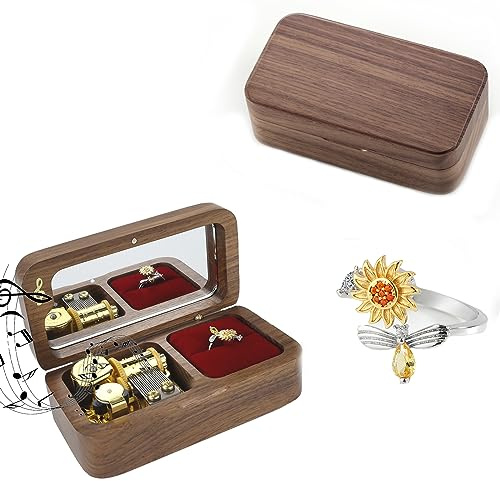 JYmusic Holz-Schmuck-Spieluhr mit Aufziehfunktion, You are my sunshine Spieluhr mit Sonnenblumenring, verstellbarer Angstring, Ehefrau, Schwester (kreatives Walnussholz)