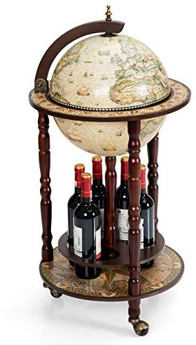 KOMFOTTEU Botellero Bar Globo Terráqueo con Ruedas, Soporte para Botellas de 2 Niveles, Carrito de Bar de Madera, Mueble Minibar para Bebidas, para Restaurante, Fiesta (Beige, 45 x 45 x 88 cm)