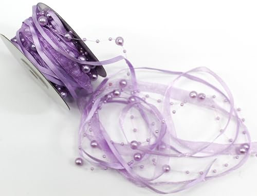 CaPiSo 10m Schleifenband 3-teilig mit Organza und 4mm Perlen Dekoband Trendyband Perlenband Perlen am Band (Flieder Neu)