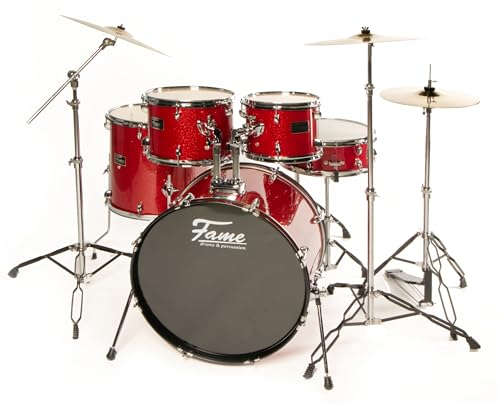 Fame FG20B-RD First Gig Studio Set, Red Sparkle, Komplettes Drum-Set, 20 Zoll BassDrum, Pappel-Kessel, Chrom-Hardware, inklusive Becken & Tomhalter, Ideal für Einsteiger