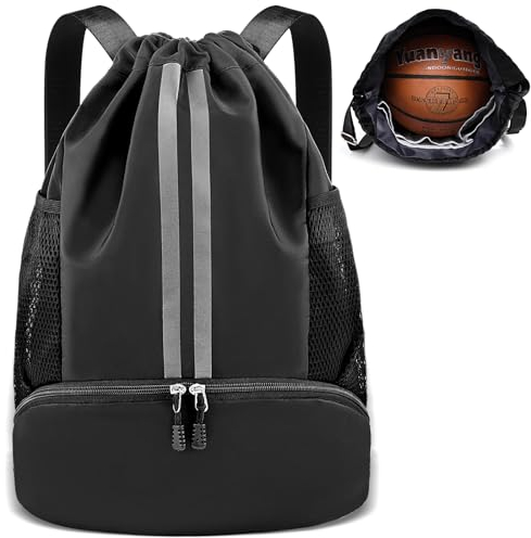 WuGU Turnbeutel mit Kordelzug, Wasserdicht Sportbeutel Fußballtasche, Verstellbar Sportrucksack mit Schuhfach, Große Kapazität Sport Rucksäcke für Damen/Herren/Jungen/Kinder (Schwarz)