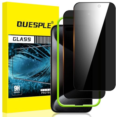 QUESPLE [2 Pièces] Verre Trempé Anti Espion pour iPhone 15 Pro 6,1 Pouces, Film de Confidentialité Protection en Écran, Équipé d'un Outil d'Alignement Simple [Dureté 9H ][Compatible Coque]