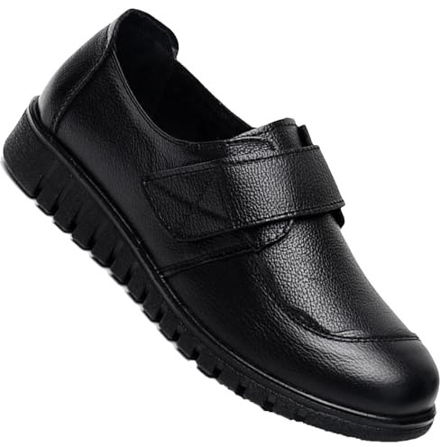 AZMAHT Chaussures Orthopédiques Femme en Cuir, Réglables, Fermeture Scratch, Sandales, Pieds Large, Noir, 36/230mm