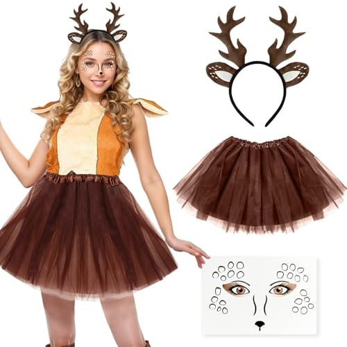 Reh Rentier Kostüm Damen mit Brauner Tüllrock Damen, Reh Geweih Haarreif, Reh Tattoo Karneval Kostüm Damen Erwachsene Reh Bambi Kostüm Damen Tütü Rock für Fasching Karneval Mottoparty