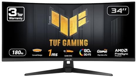ASUS TUF Gaming 34 Inch Ultra-Wide Curved Monitor (VG34VQ3B) - 21:9 QHD (3440 x 1440), 180Hz, 1ms, Extreme Low Motion Blur Sync, FreeSync Premium, Speaker, 90% DCI-P3, DisplayWidget Center, 3 Years