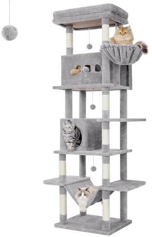 Hzuaneri 210 cm Rascador para Gatos, Árbol para Gatos, Multinivel, Grandes Plataformas, 2 Cuevas, Cesta, Hamaca, Pompón, para Gatos Grandes, Gris Claro MS21018LG