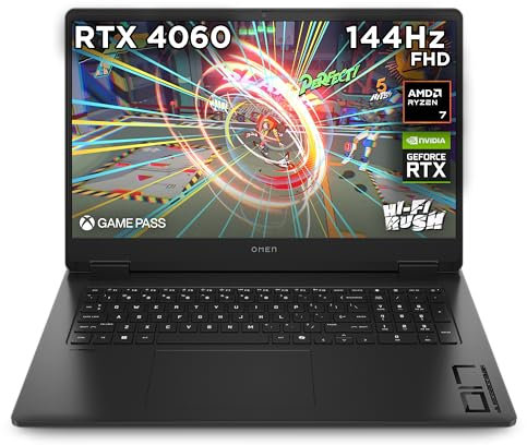 HP Omen 17 Gaming Laptop, AMD Ryzen 7-8845HS, AI Enhanced, 16 GB RAM, 512GB SSD, NVIDIA GeForce RTX 4060 Graphics, FHD IPS Display, 144Hz, Up to 7hrs battery, Win 11, Shadow Black, 17-db0019sa