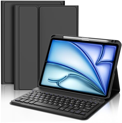 JADEMALL Für iPad Air 11 Zoll Hülle mit Tastatur Kompatibel 2024 M2/2025 M3 (A2902/A2904/A2903/A3266/A3270) – Abnehmbare Bluetooth Tastatur, Stifthalter, Leichtgewicht, QWERTZ-Layout, Schwarz