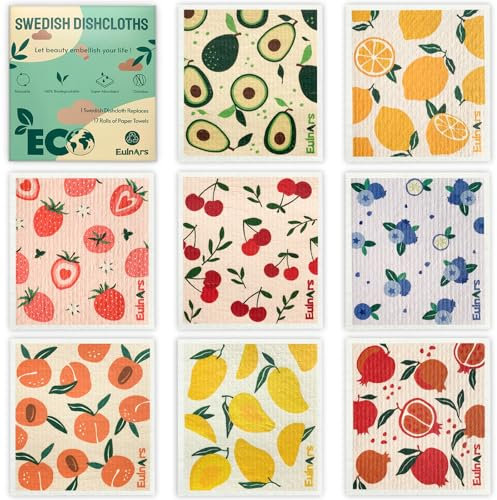 Eulnars Schwedische Geschirrtücher für die Küche, 8 Stück, Obst, schwedische Geschirrtücher, wiederverwendbar, waschbar, biologisch abbaubar, kratzfeste Zellulose-Schwammtücher, kein Geruch