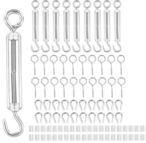 QWORK® 90 Pieces Heavy Duty Turnbuckle Wire Tensioner Kit, Turnbuckle Wire Tensioner for 3mm Cable Wire, 304 Stainless Steel Turnbuckle Wire Tensioner for Garden and Outdoor Use